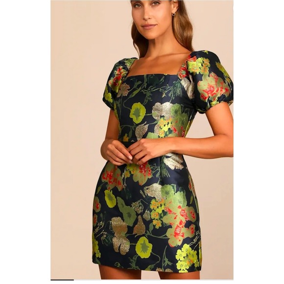Lulus Dresses & Skirts - Lulus Mini Dress Large Floral Metallic Gold Brocade Puff Sleeve Formal
